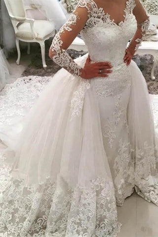 Gorgeous Ivory Long Mermaid V-Neck Appliques Lace Wedding Dress with Sleeves