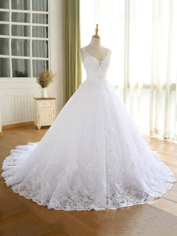 Gorgeous Lace Beaded Wedding Dress New Arrival V-Neck Straps Long Princess Wedding Party Bridal Dress