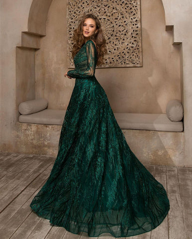 Gorgeous Long A-Line Bateau Appliques Lace Prom Dress with Sleeves