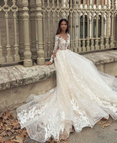 Gorgeous Long A-Line Bateau Appliques Lace Train Wedding Dress with Sleeves