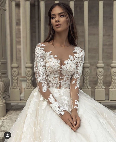 Gorgeous Long A-Line Bateau Appliques Lace Train Wedding Dress with Sleeves