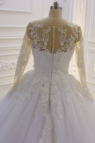 Gorgeous Long A-Line Bateau Pearl Tulle Appliques Lace Wedding Dress with Sleeves
