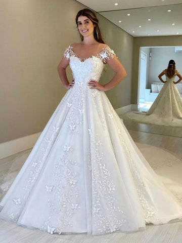 Gorgeous Long A-line Off Shoulder Lace Open Back Wedding Dresses with Cap Sleeves