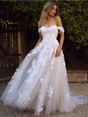 Gorgeous Long A-line Off the Shoulder Open Back Appliques Tulle Wedding Dresses