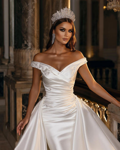 Gorgeous Long A-Line Off-the-shoulder Sweetheart Backless Satin Wedding Dress