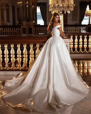 Gorgeous Long A-Line Off-the-shoulder Sweetheart Backless Satin Wedding Dress