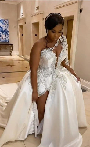 Gorgeous Long A-line One Shoulder Beading Wedding Dress With Slit