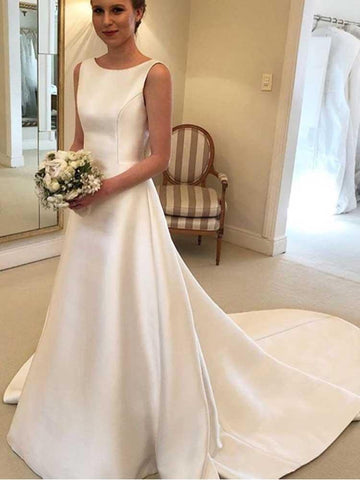 Gorgeous Long A-line Satin Backless Wedding Dresses