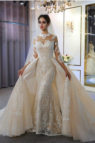 Gorgeous Long A-Line Sweetheart Appliques Lace Wedding Dress with Sleeves