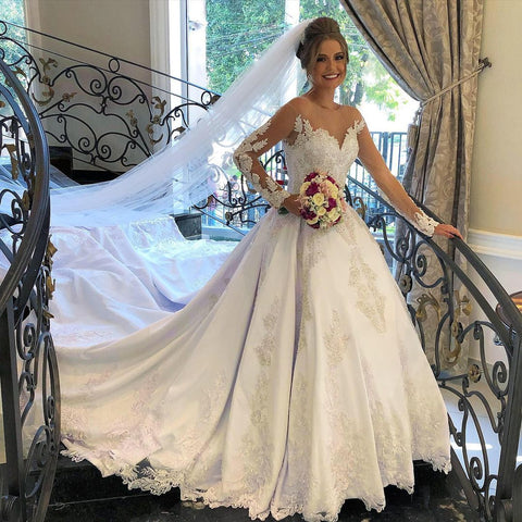 Gorgeous Long A-line Sweetheart Satin Lace Tulle Wedding Dress with sleeves