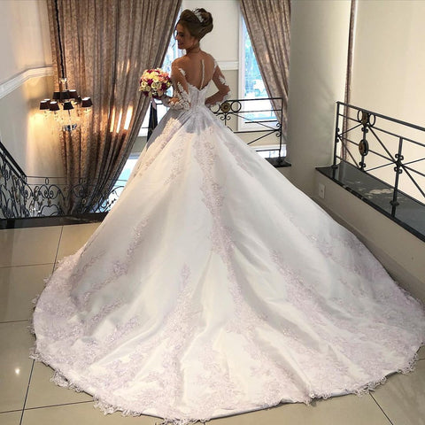 Gorgeous Long A-line Sweetheart Satin Lace Tulle Wedding Dress with sleeves