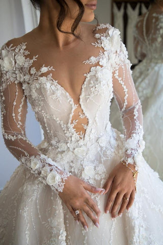 Gorgeous Long A-line Sweetheart Tulle Lace Open Back Wedding Dress with sleeves