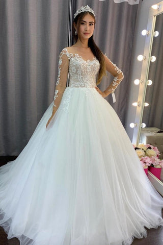 Gorgeous Long A-line Tulle Lace Wedding Dress with Sleeves