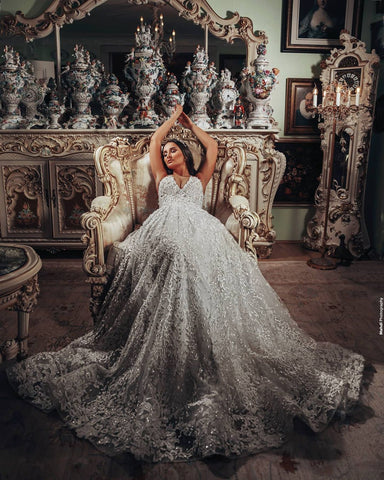 Gorgeous Long A-line V-neck 3D Floral Lace Wedding Dress