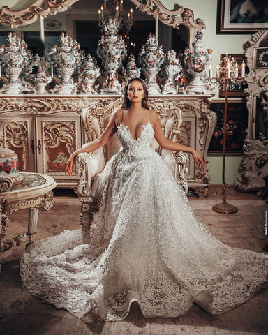 Gorgeous Long A-line V-neck 3D Floral Lace Wedding Dress