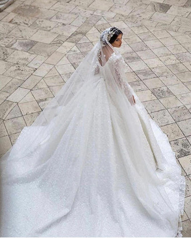 Gorgeous Long A-Line V-neck Appliques Lace Wedding Dress with Sleeves