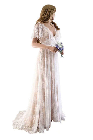 Gorgeous Long A-line V-Neck Lace Wedding Dresses with Cap Sleeves
