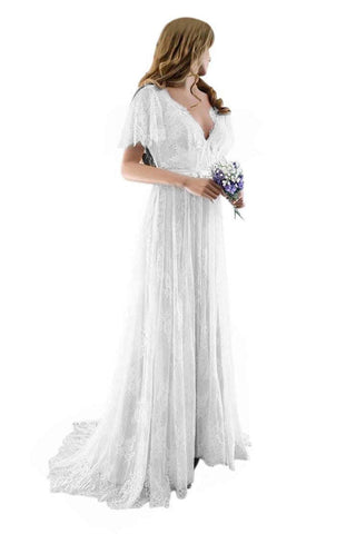 Gorgeous Long A-line V-Neck Lace Wedding Dresses with Cap Sleeves