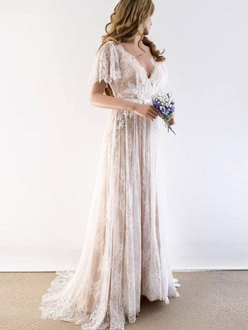 Gorgeous Long A-line V-Neck Lace Wedding Dresses with Cap Sleeves
