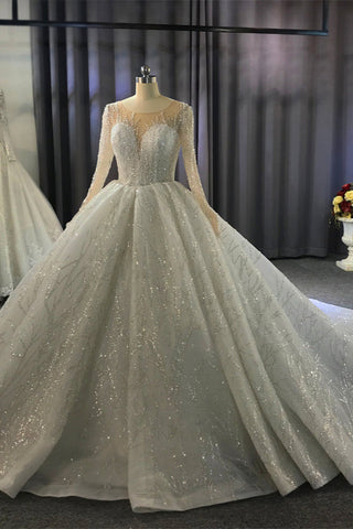 Gorgeous Long Ball Gown Bateau Crystal Wedding Dress with Sleeves