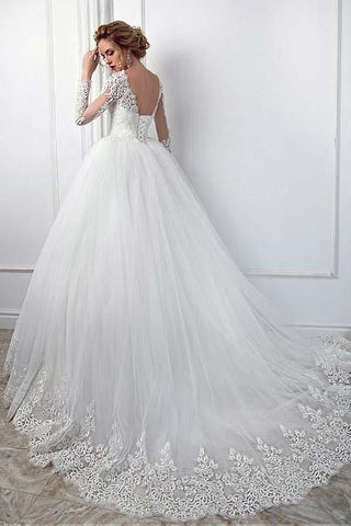 Gorgeous Long Ball Gown Jewel Tulle Lace Wedding Dress with Sleeves