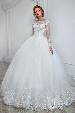 Gorgeous Long Ball Gown Jewel Tulle Lace Wedding Dress with Sleeves