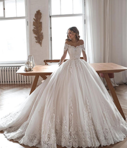 Gorgeous Long Ball Gowns Lace Tulle Wedding Dresses with Sleeves