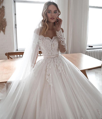 Gorgeous Long Ball Gowns Lace Tulle Wedding Dresses with Sleeves