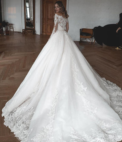Gorgeous Long Ball Gowns Lace Tulle Wedding Dresses with Sleeves