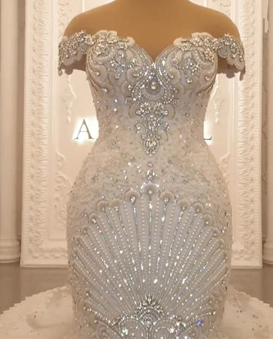 Gorgeous Long Off the Shoulder Crystal Backless Mermaid Wedding Dresses
