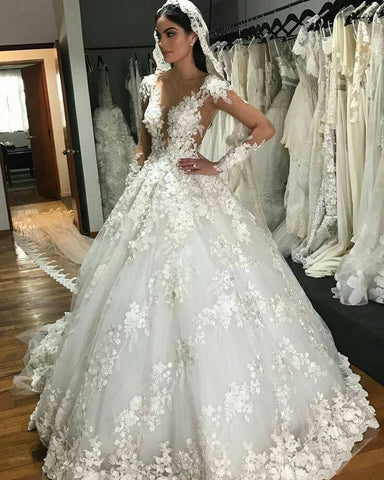 Gorgeous Long Princess Bateau Appliques Lace Backless Ruffles Wedding Dress with Sleeves