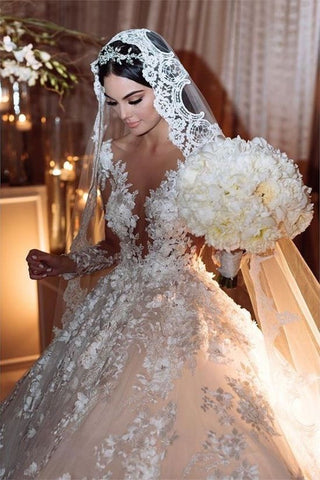 Gorgeous Long Princess Bateau Appliques Lace Backless Ruffles Wedding Dress with Sleeves
