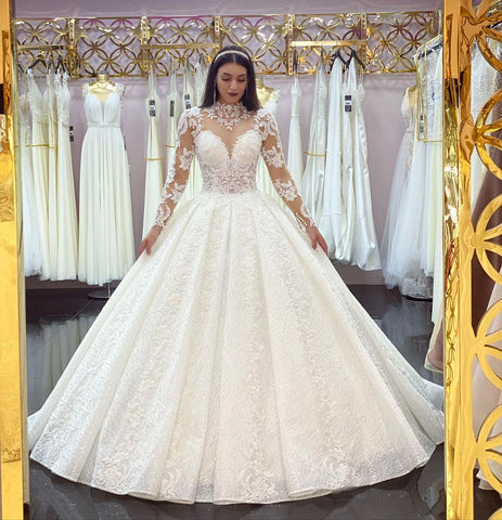 Gorgeous Long Princess High-neck Lace Appliques Wedding Dress with Sleeves