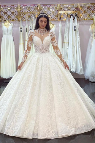 Gorgeous Long Princess High-neck Lace Appliques Wedding Dress with Sleeves