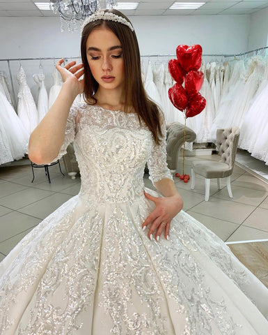 Gorgeous Long Princess Satin Bateau Appliques Lace Wedding Dress with Sleeves