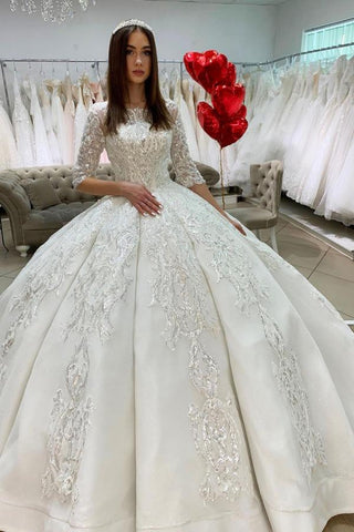 Gorgeous Long Princess Satin Bateau Appliques Lace Wedding Dress with Sleeves