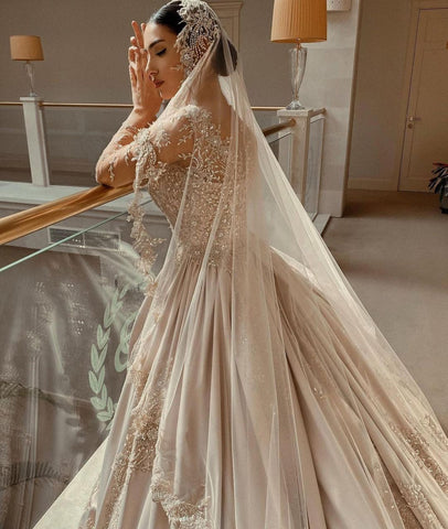 Gorgeous Long Princess Sweetheart Beading Pearl Satin Wedding Dress with Sleeves