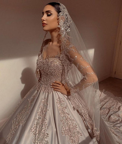 Gorgeous Long Princess Sweetheart Beading Pearl Satin Wedding Dress with Sleeves