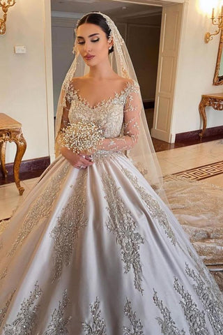 Gorgeous Long Princess Sweetheart Beading Pearl Satin Wedding Dress with Sleeves