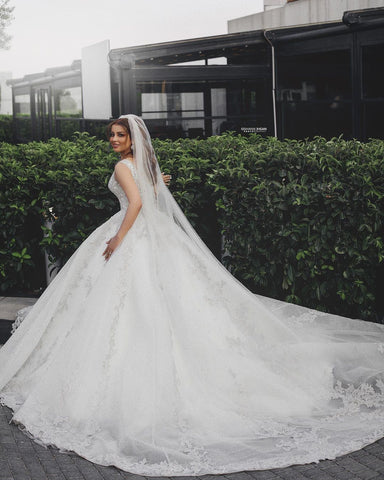 Gorgeous Long Princess V-neck Tulle Lace Appliques Wedding Dress