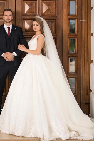 Gorgeous Long Princess V-neck Tulle Lace Wedding Dress
