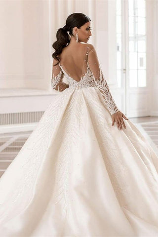 Gorgeous Long Sleeves A-Line Bateau Crystal Pearl Satin Wedding Dress