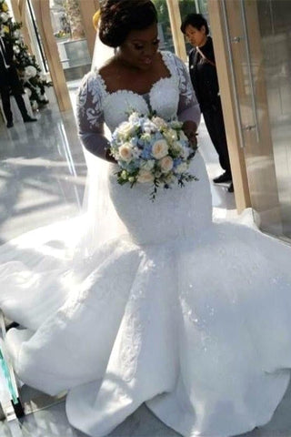 Gorgeous Mermaid Lace Wedding Dress Chapel Train Long Sleeves Appliques Bridal Gowns
