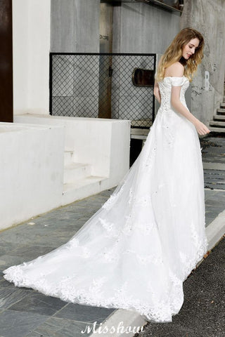 Gorgeous Off the Shoulder White aline Bridal Gown Garden Lace Appliques Wedding Dress