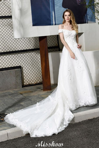 Gorgeous Off the Shoulder White aline Bridal Gown Garden Lace Appliques Wedding Dress