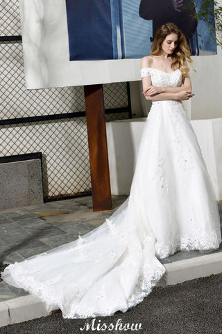 Gorgeous Off the Shoulder White aline Bridal Gown Garden Lace Appliques Wedding Dress