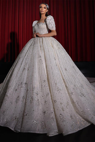 Gorgeous Princess A-line Beading Short Sleeves Wedding Dress With Lace