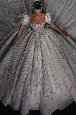 Gorgeous Princess A-line Beading Short Sleeves Wedding Dress With Lace