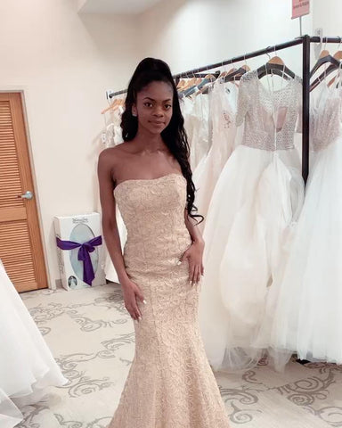 Gorgeous Strapless Beadings Mermaid Wedding Dress Affordable Sleeveless Long Bridal Gown