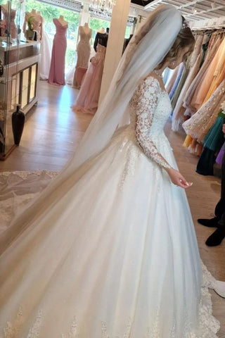 Gorgeous White Long A-line V-neck Lace Wedding Dress with Sleeves